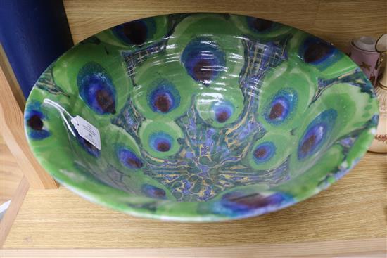 A Dartington Pottery Peacock design large bowl by Janice Tchalenko, Dia 42cm